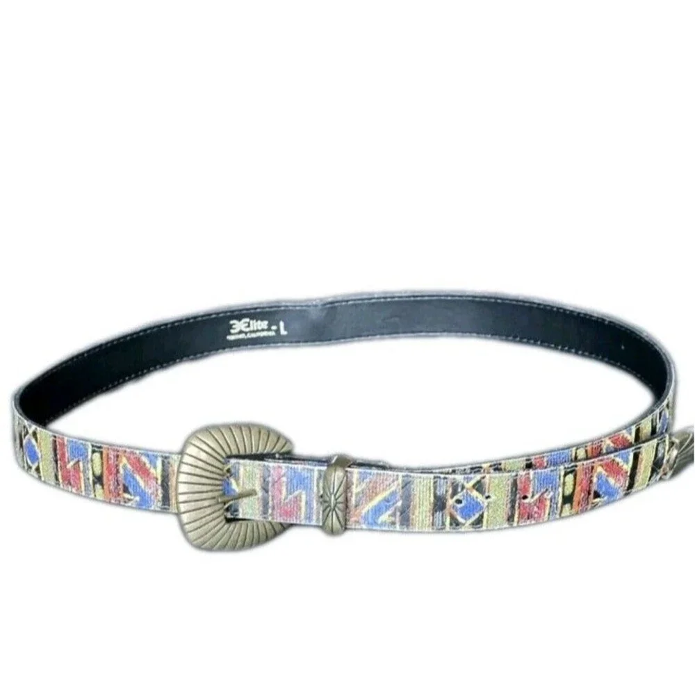 Vtg Artisanal Belt Elite Fresno California Medium Brass Buckle Boho Southwestern